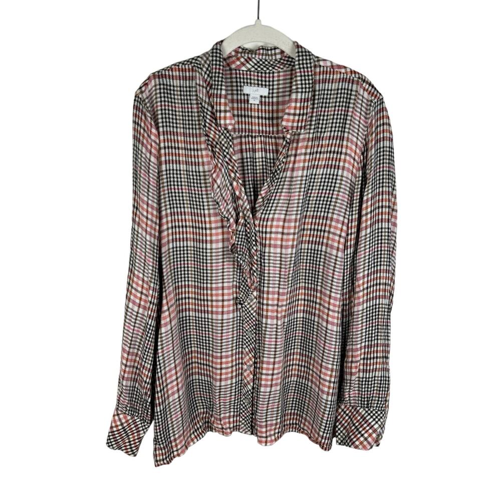 J Jill Size XL Glen Plaid Ruffle Button Front Rayon Blouse Flannel Pink Top